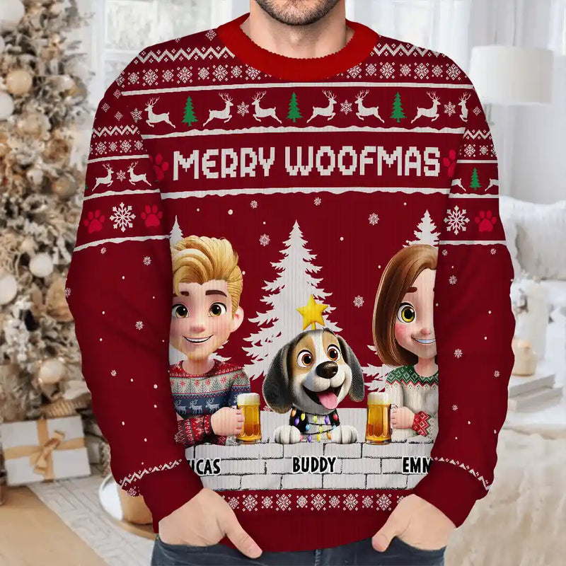 Dog Lovers,Dog Couple,Dog Mom,Dog Dad,Christmas,Top Market,Happy - Merry Woofmas Couple Dog Mom Dad - Personalized Unisex Ugly Sweater