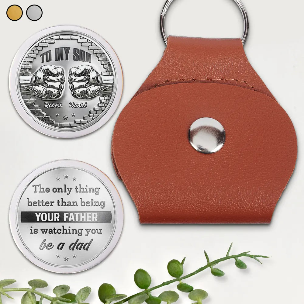 Gift For Son,Gift For Grandkids,Non-Eng,Icon,Proud - Metal Effect Watching You Be A Dad - Personalized Leather Pocket Hug