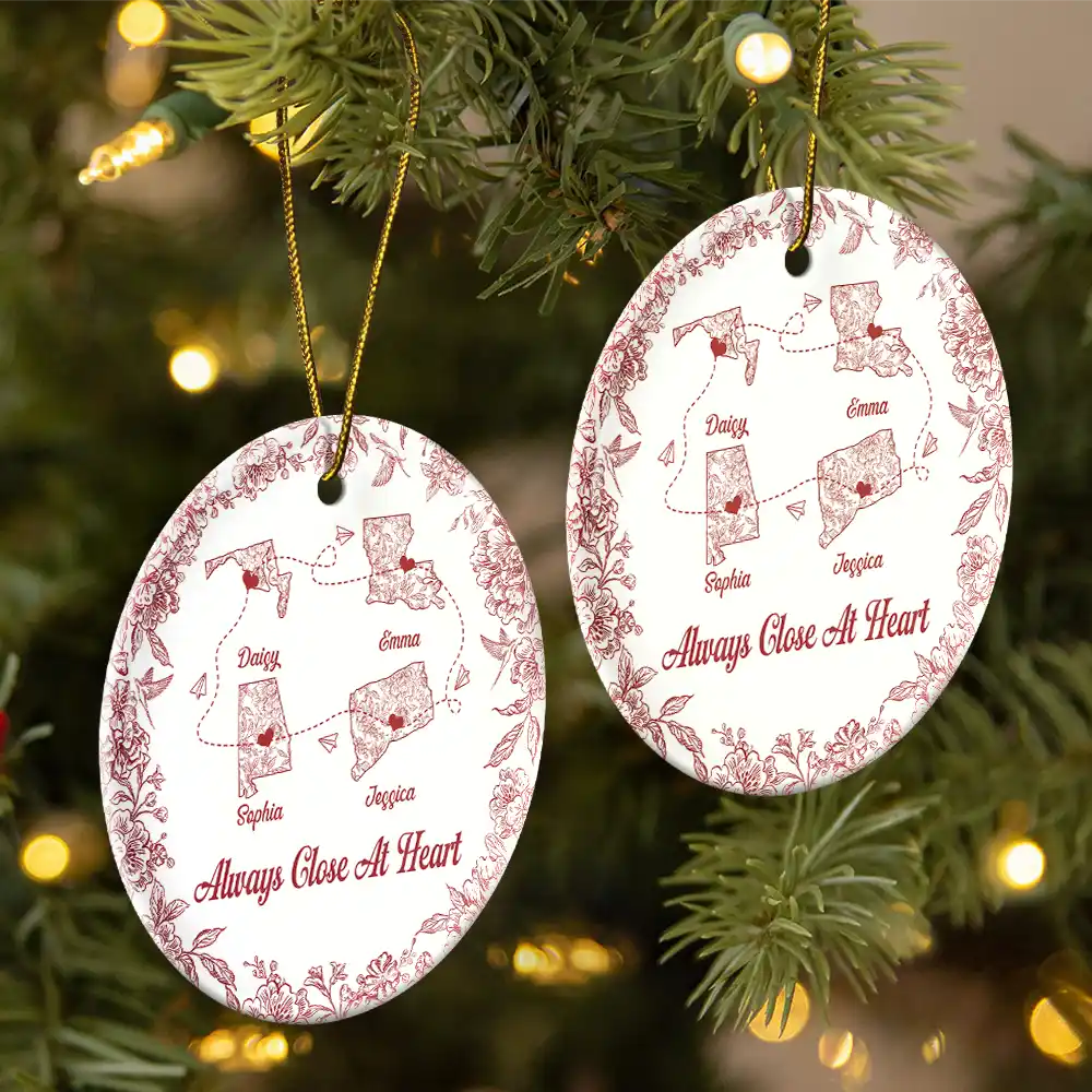 Long Distance,Gift For Bestie,Gift For Sisters,Gift For Mother,Gift For Daughter,Love,Christmas - Miles Apart But Close At Heart Toile Pattern - Personalized Circle Ceramic Ornament