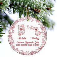 Long Distance,Gift For Bestie,Gift For Sisters,Gift For Mother,Gift For Daughter,Love,Christmas - Miles Apart But Close At Heart Toile Pattern - Personalized Circle Ceramic Ornament