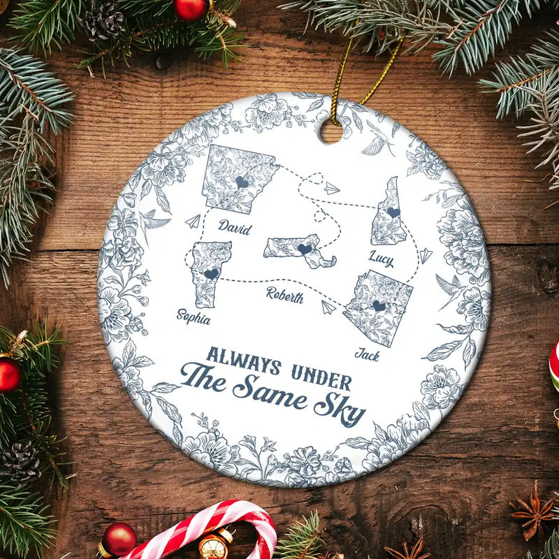 Long Distance,Gift For Bestie,Gift For Sisters,Gift For Mother,Gift For Daughter,Love,Christmas - Miles Apart But Close At Heart Toile Pattern - Personalized Circle Ceramic Ornament