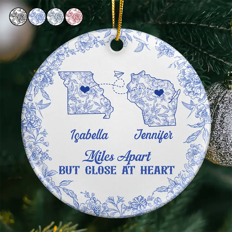 Long Distance,Gift For Bestie,Gift For Sisters,Gift For Mother,Gift For Daughter,Love,Christmas - Miles Apart But Close At Heart Toile Pattern - Personalized Circle Ceramic Ornament