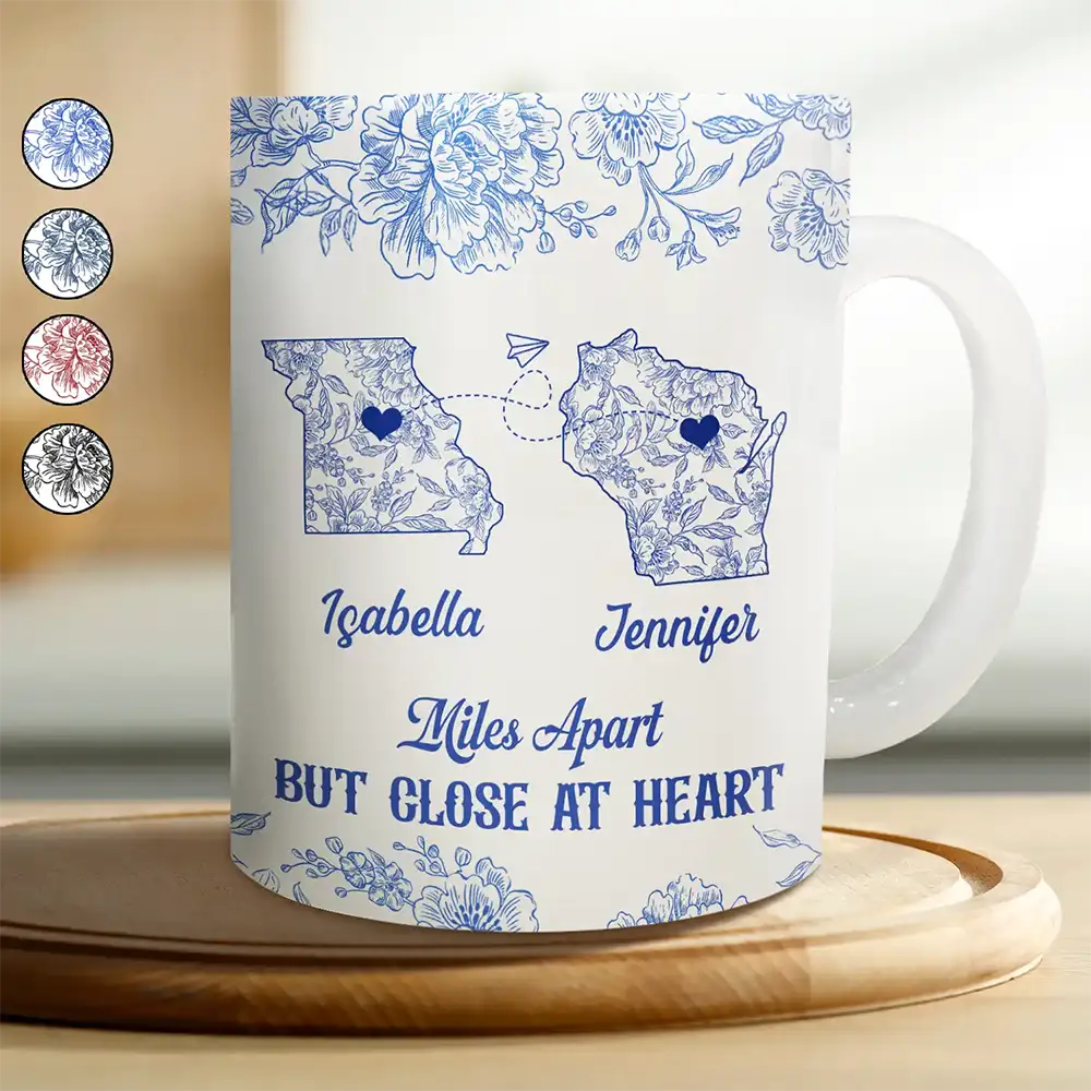 Long Distance,Gift For Bestie,Gift For Sisters,Gift For Mother,Gift For Daughter,Love - Miles Apart But Close At Heart Toile Pattern - Personalized White Edge-to-Edge Mug