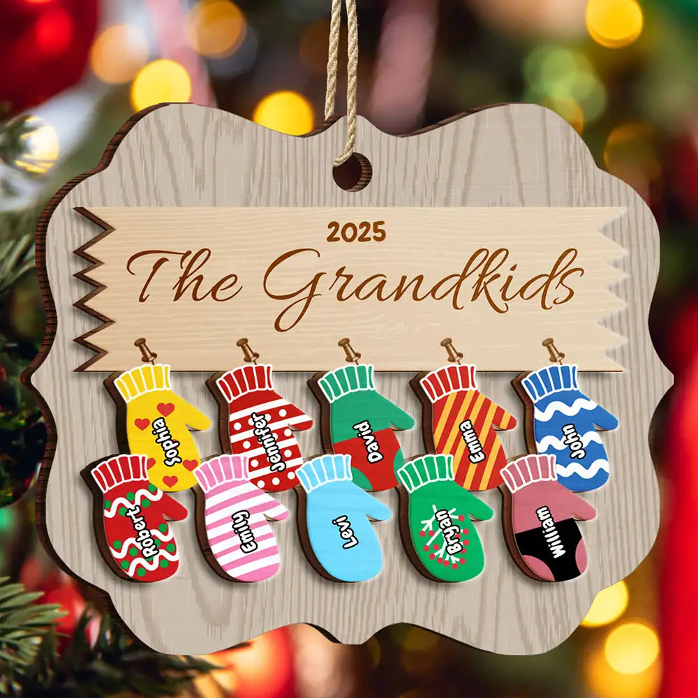 Mittens With Grandkids Names - Christmas Gift For Grandparent - Personalized 2-Layered Wooden Ornament