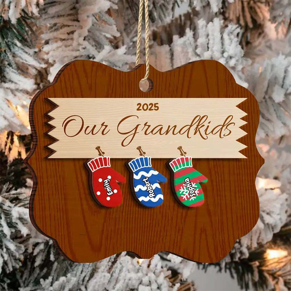 Mittens With Grandkids Names - Christmas Gift For Grandparent - Personalized 2-Layered Wooden Ornament