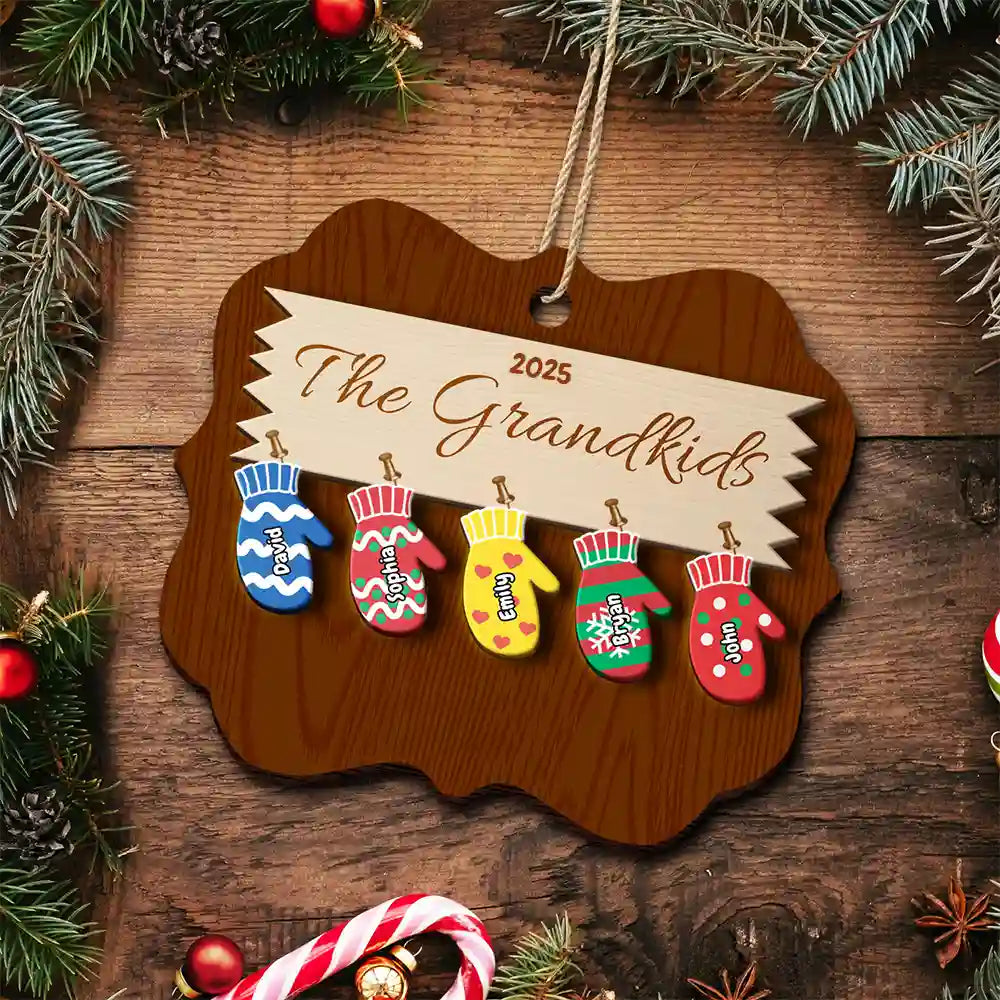 Mittens With Grandkids Names - Christmas Gift For Grandparent - Personalized 2-Layered Wooden Ornament