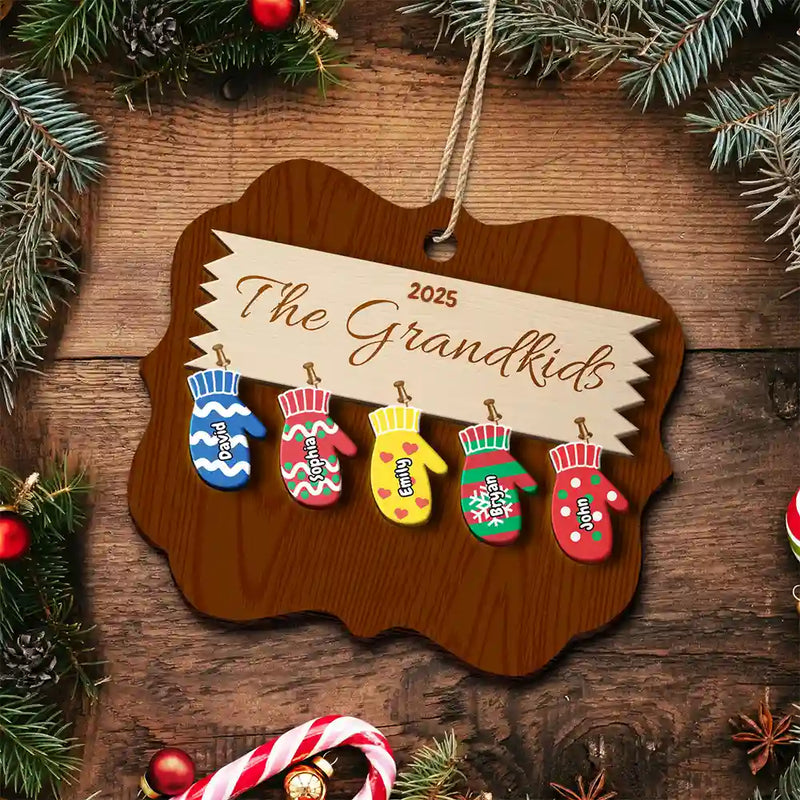 Mittens With Grandkids Names - Christmas Gift For Grandparent - Personalized 2-Layered Wooden Ornament