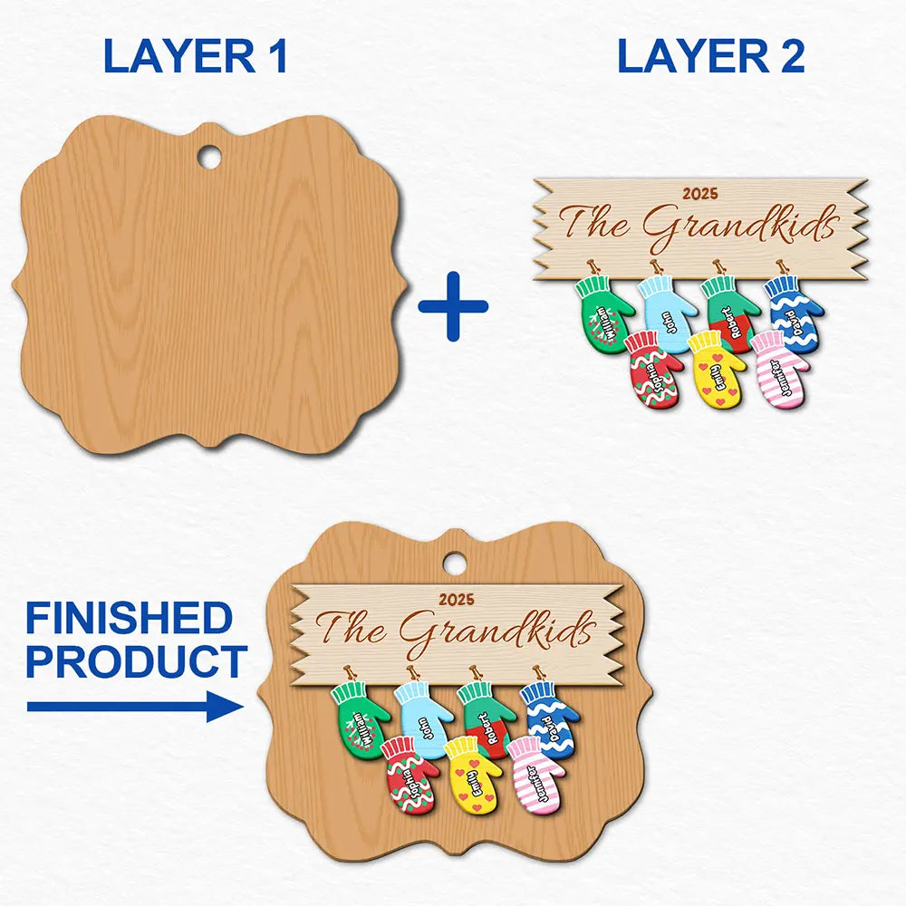 Mittens With Grandkids Names - Christmas Gift For Grandparent - Personalized 2-Layered Wooden Ornament
