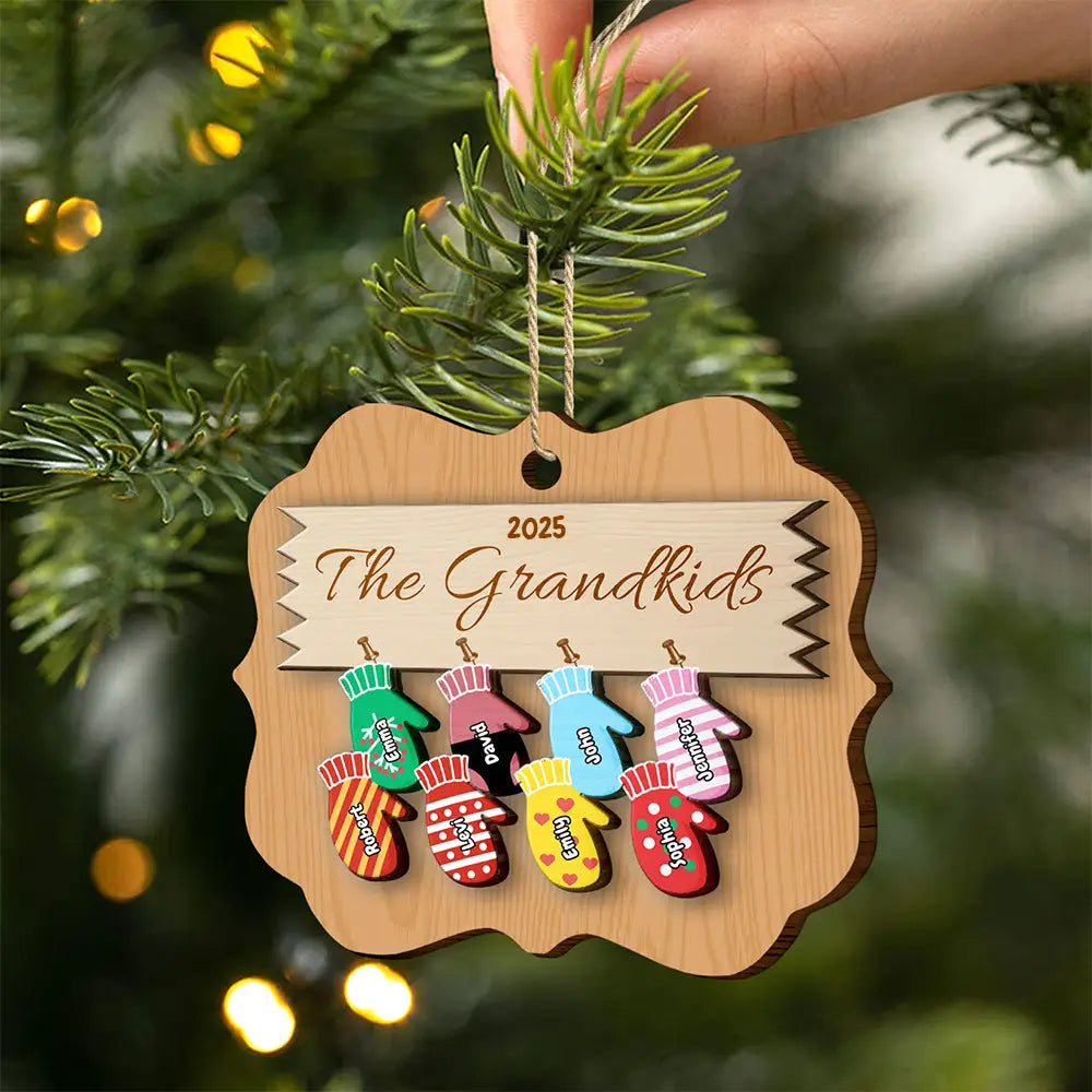 Mittens With Grandkids Names - Christmas Gift For Grandparent - Personalized 2-Layered Wooden Ornament