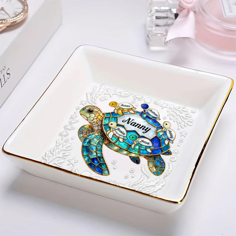 Gift For Grandma,Grandma - Grandkids,Gift For Mother,Beach,Happy - Turtle Stained Glass Mum Nanny - Personalised Ring Dish