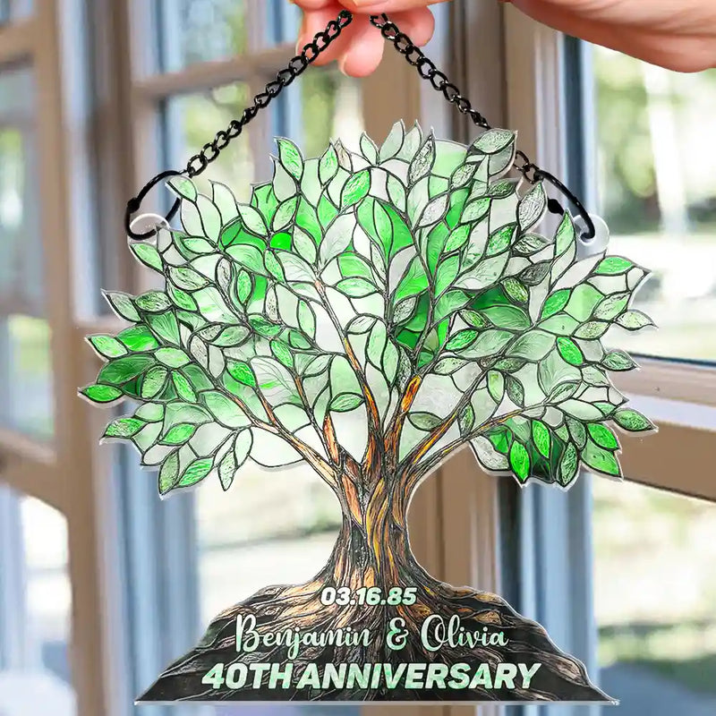 Old Couples,Wedding Anniversary,Love - Precious Couple Anniversary Stained Glass Effect - Personalized Window Hanging Suncatcher Ornament