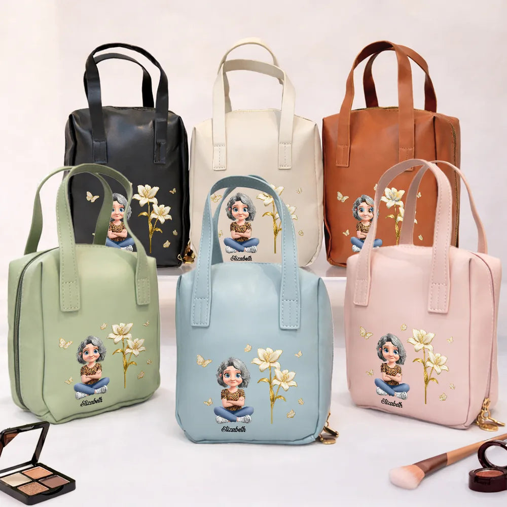 Gift For Yourself, Gift For Women, Happy - Blooming In Love Birth Month Flower - Personalized Leather Makeup Bag With Handle