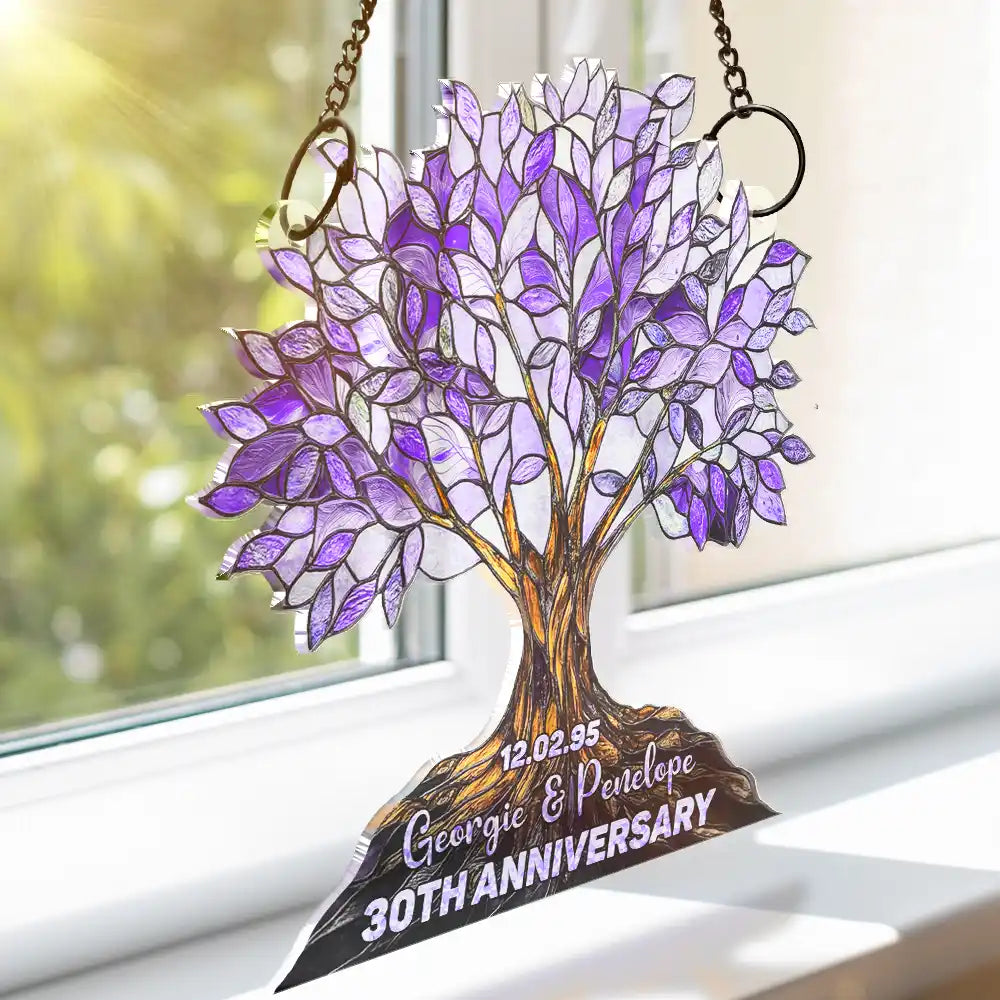 Old Couples,Wedding Anniversary,Love - Precious Couple Anniversary Stained Glass Effect - Personalized Window Hanging Suncatcher Ornament