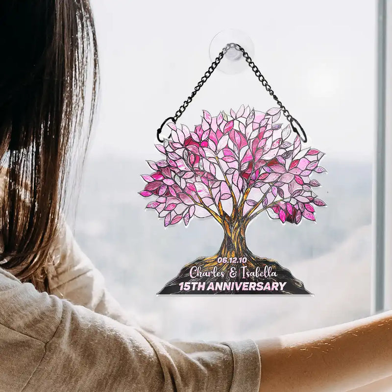 Old Couples,Wedding Anniversary,Love - Precious Couple Anniversary Stained Glass Effect - Personalized Window Hanging Suncatcher Ornament