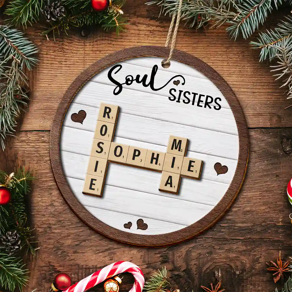 Christmas,Gift For Bestie,Gift For Sisters,Happy - Crossword Sisters Forever - Personalized 2-Layered Wooden Ornament