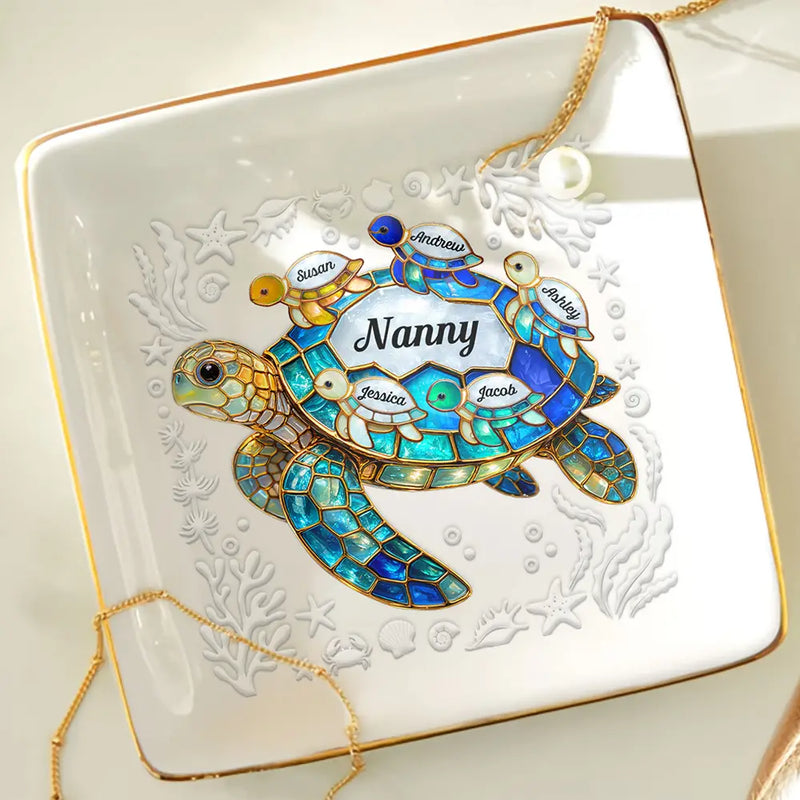 Gift For Grandma,Grandma - Grandkids,Gift For Mother,Beach,Happy - Turtle Stained Glass Mum Nanny - Personalised Ring Dish
