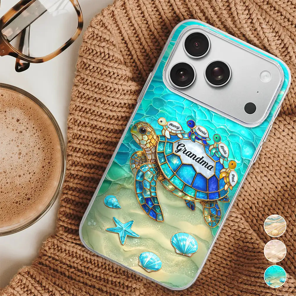 Gift For Grandma,Grandma - Grandkids,Grandma's Hobby,Happy - Turtle Stained Glass Mom Grandma - Personalized Clear Phone Case