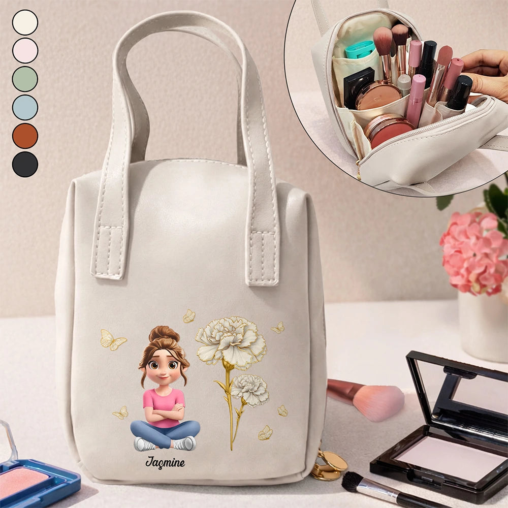 Gift For Yourself, Gift For Women, Happy - Blooming In Love Birth Month Flower - Personalized Leather Makeup Bag With Handle