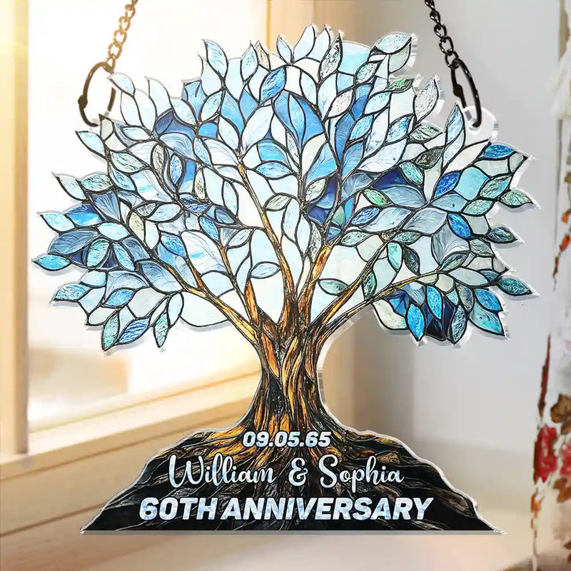 Old Couples,Wedding Anniversary,Love - Precious Couple Anniversary Stained Glass Effect - Personalized Window Hanging Suncatcher Ornament