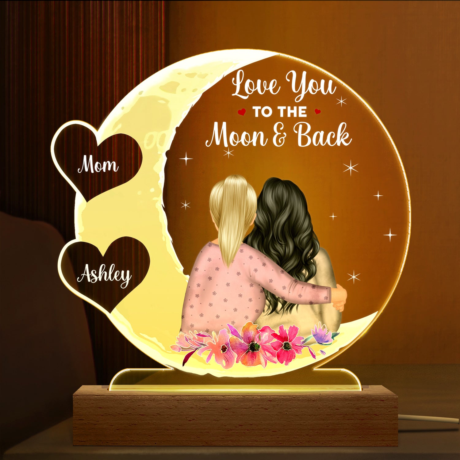 Mother & Daughter Love You To The Moon And Back - Birthday, Loving Gift For Mom, Grandma, Grandmother, Granddaughter - Personalized Custom 3D Led Light Wooden Base
