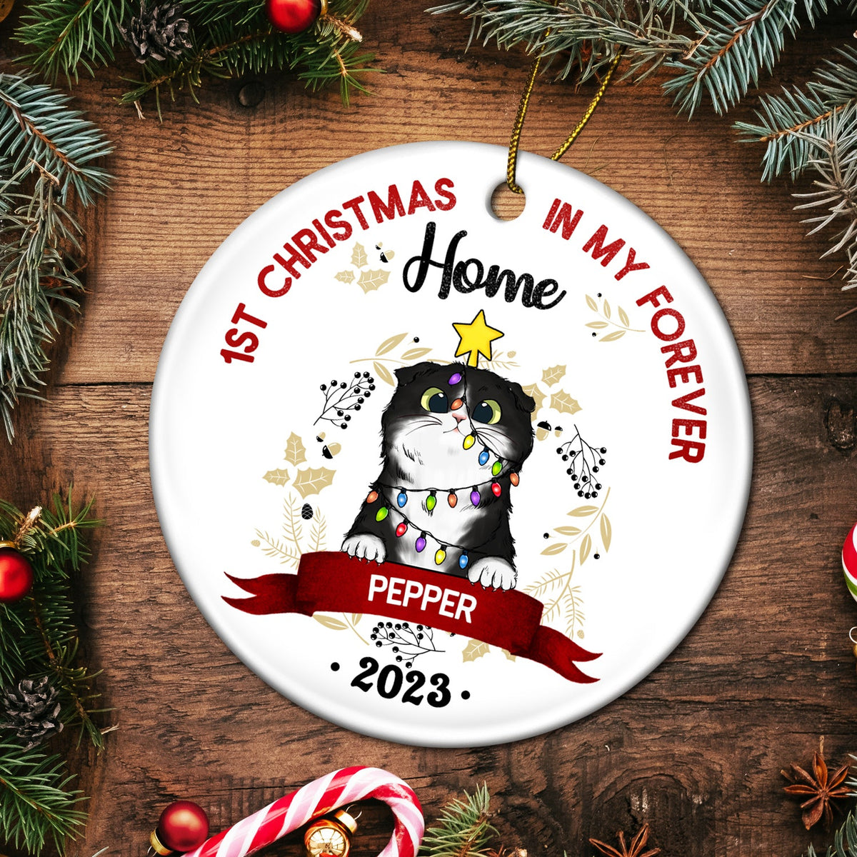 Mon premier Noël - Cadeau pour les propriétaires de chats - Ornement en céramique rond personnalisé