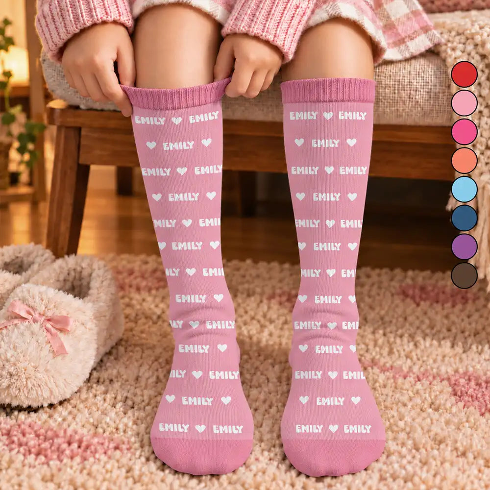 Christmas, Custom Text, Gift For Kids, Playful - Gift For Kids - Personalized Name Heart Star Pattern Socks