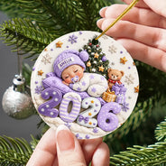 Christmas,Gift For Baby,New Baby,Sentimental,Vector - Baby's First Christmas Gift For New Mom - Personalized Sleeping Baby 3D Embossed Circle Ceramic Ornament