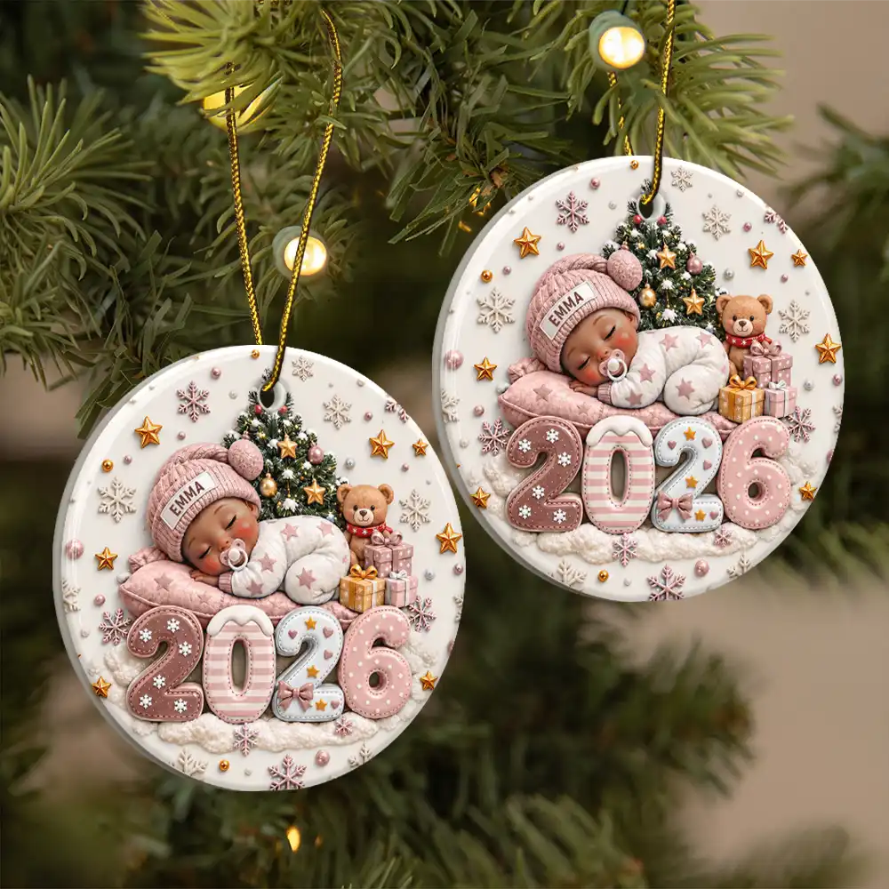 Christmas,Gift For Baby,New Baby,Sentimental,Vector - Baby's First Christmas Gift For New Mom - Personalized Sleeping Baby 3D Embossed Circle Ceramic Ornament