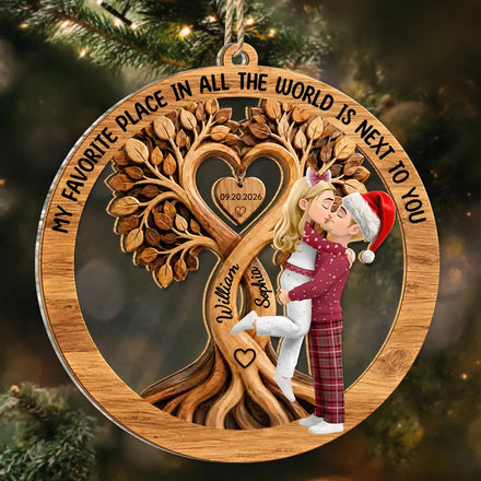 Christmas Gift For Couples - Personalized Kisssing Under Heart Tree 2-Layered Mix Ornament