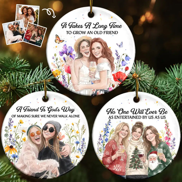 Christmas Gift For Best Friend - Personalized Custom Photo Watercolor Floral Circle Ceramic Ornament
