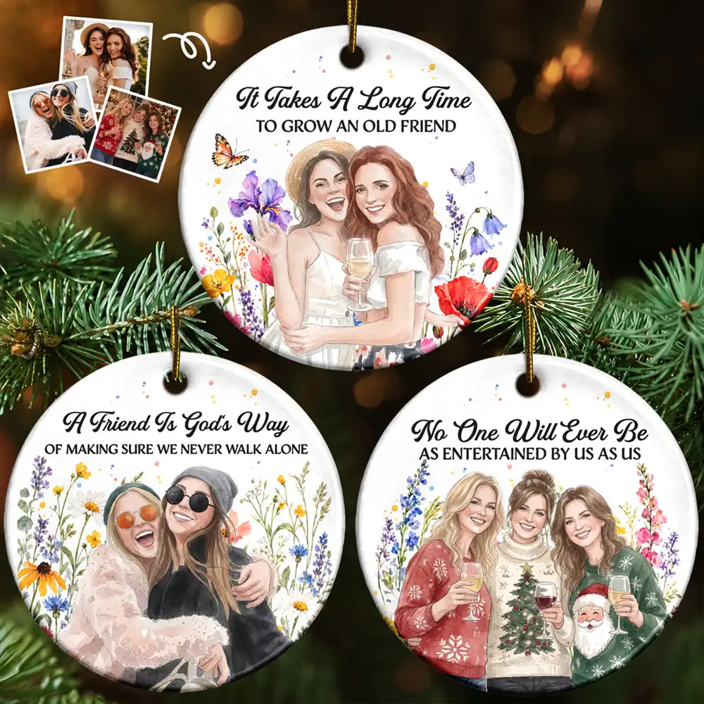Christmas Gift For Best Friend - Personalized Custom Photo Watercolor Floral Circle Ceramic Ornament