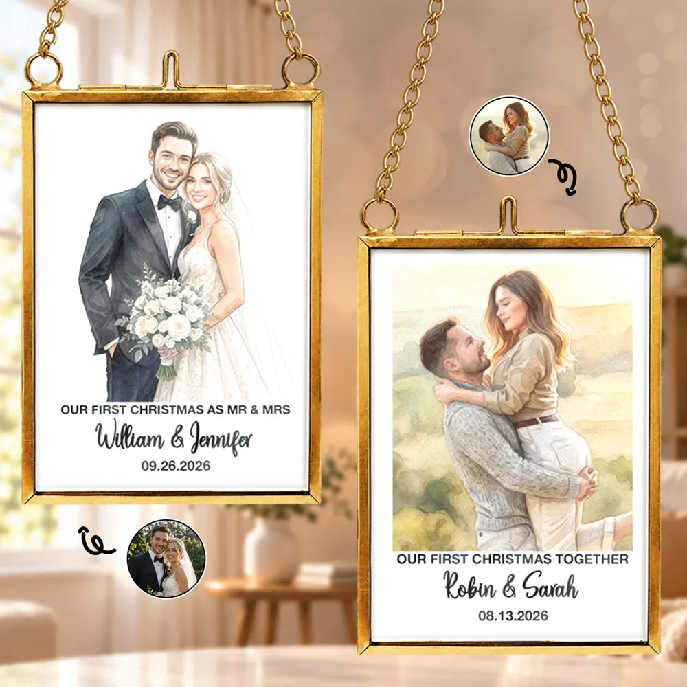 Art Design,Christmas,Custom Photo,First Christmas,Gift For Couples,Married Couple,Photo - Watercolor - Remove BG,Romantic,Top Market - Our First Christmas Couple - Personalized Custom Photo Watercolor Metal Frame Ornament