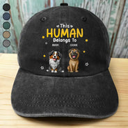 Pet Lovers, Pet Mom, Pet Dad, Happy - This Human Belongs To Pet Mom Pet Dad - Personalized Vintage Washed Denim Cap