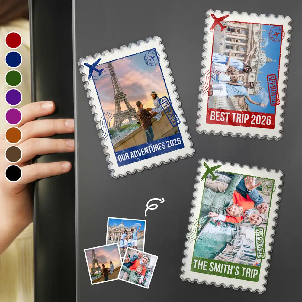 Family Travel Gift - Personalized Custom Photo Postage Stamp Acrylic Magnet