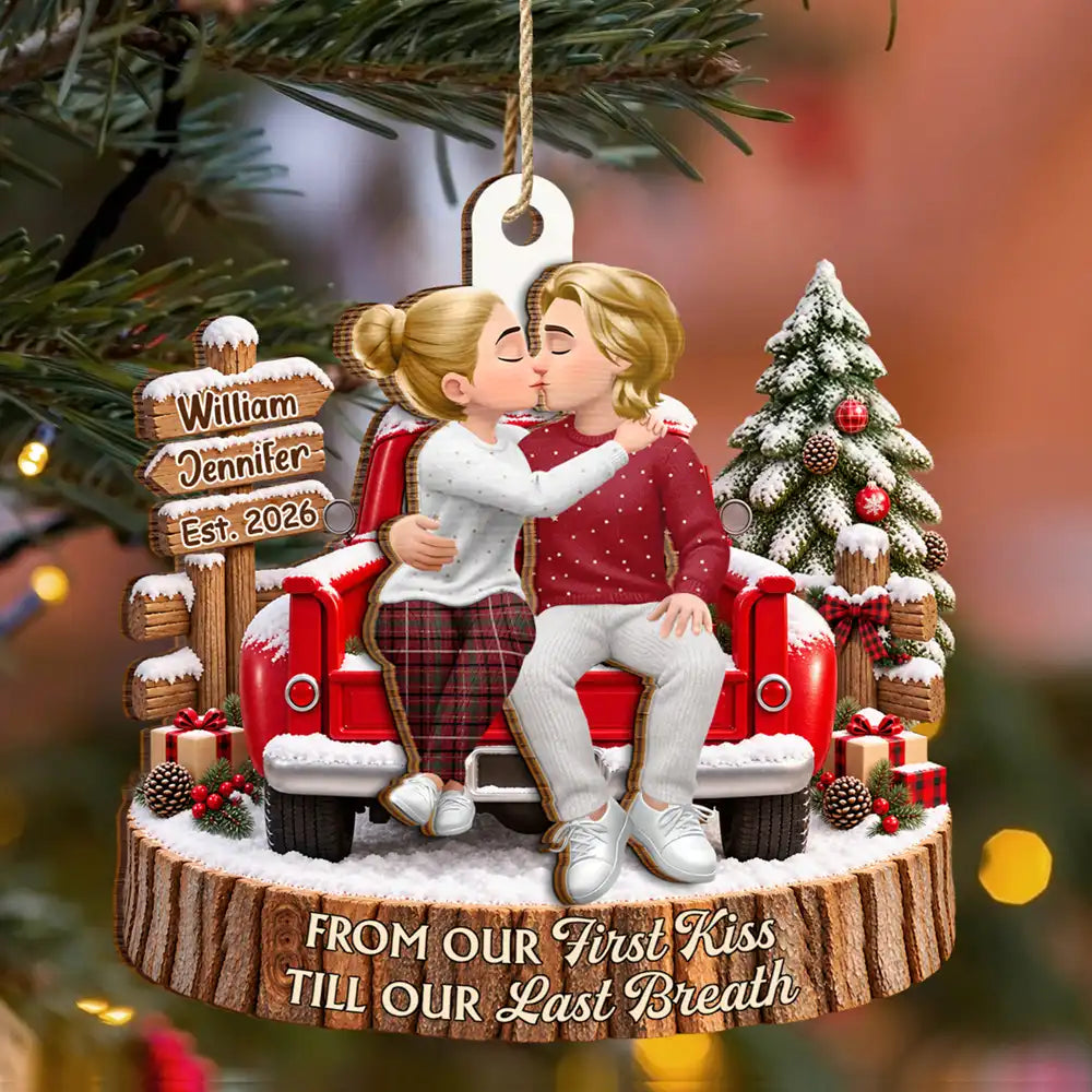 Christmas Gift For Couples - Personalized Farmhouse Red Truck 2-Layered Wooden Ornament