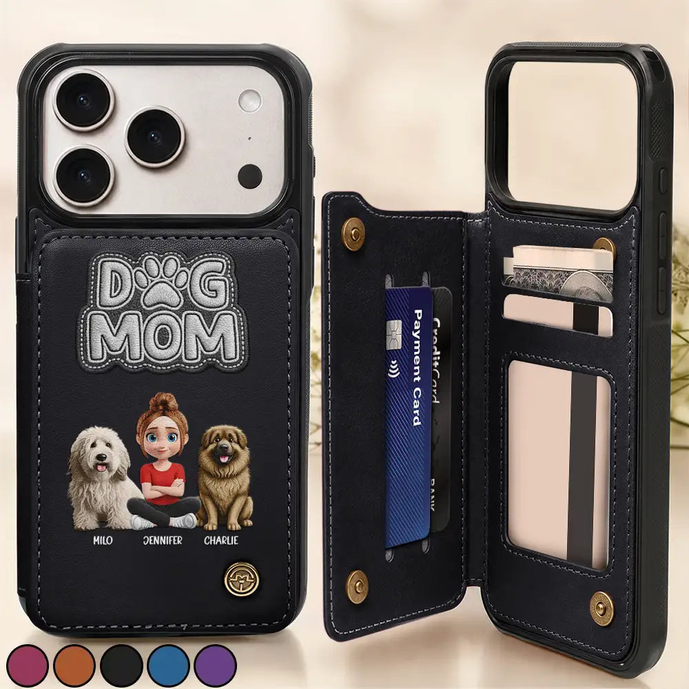 Faux Embroidery Effect Pet Mom Pet Dad - Personalized Leather Flip Wallet Phone Case
