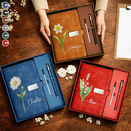 Gift For Her, Besties, Colleagues - Personalized Birth Month Flower Leather Notebook Set