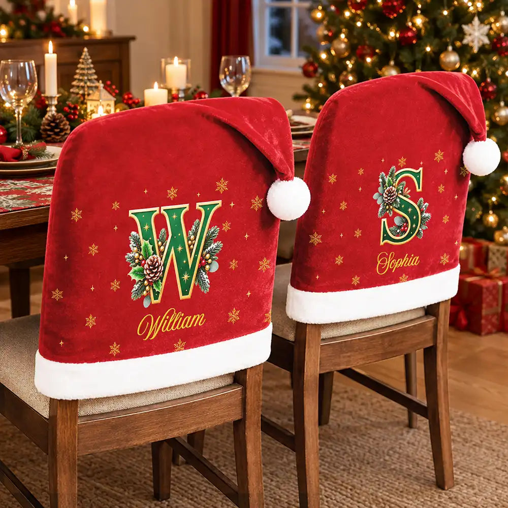 Christmas Home Decor Gift For Family - Personalized Monogram & Name Holly Botanical Initial Chair Cover