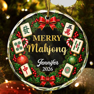 Christmas,Confident,Custom Text,Gift For Women,Gift For Yourself,Gifts For Her,Top Market - Christmas Gift For Mahjong Lovers - Personalized Merry Mahjong Circle Glass Ornament