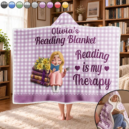 Gift For Book Lovers - Personalized Reading Is My Therapy Wearable Hooded Blanket
