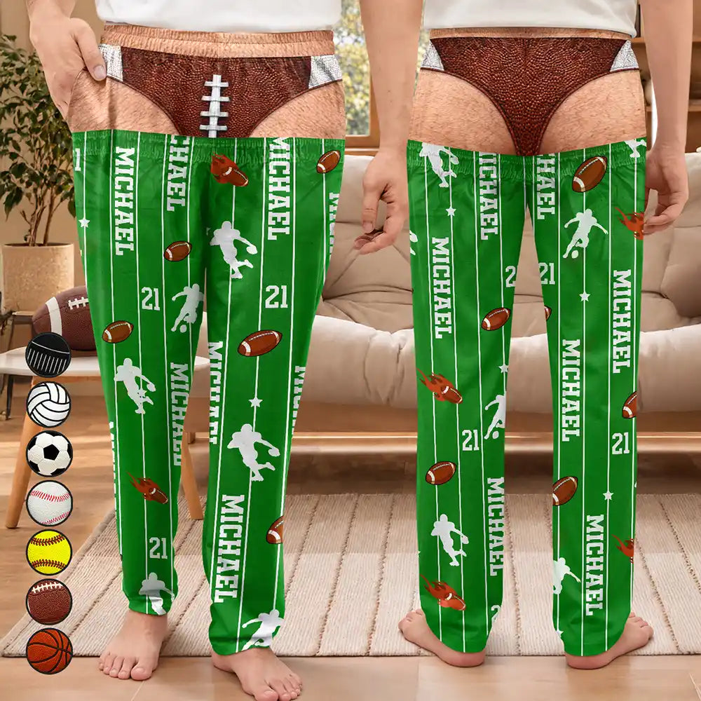 Christmas,Football,Gift For Men,Gift For Yourself,Gifts For Him,Humorous,Icon,Top Market - Gag Gift For Football Baseball Soccer Fan - Personalized Name Number Pajama Pants