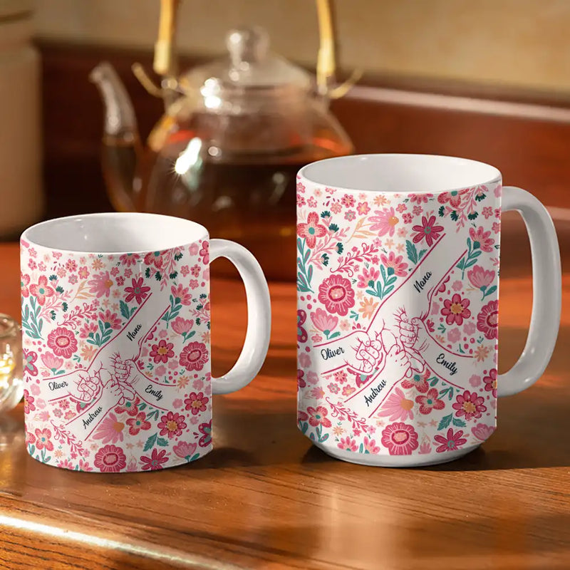 Gift For Mother,Gift For Grandma,Love,Icon - Boho Floral Hand In Hand Grandma Mom - Personalized White Edge-to-Edge Mug