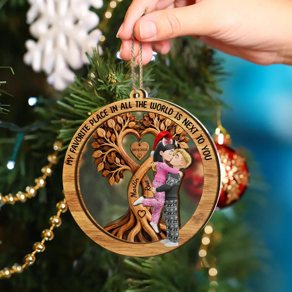 Christmas,Gift For Couples,Old Couples,Romantic,Vector - Christmas Gift For Couples - Personalized Kisssing Under Heart Tree 2-Layered Mix Ornament