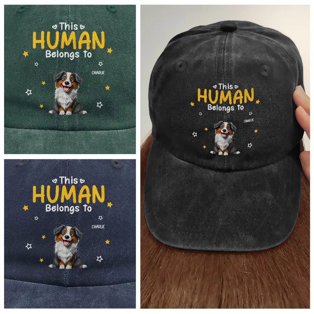 Pet Lovers, Pet Mom, Pet Dad, Happy - This Human Belongs To Pet Mom Pet Dad - Personalized Vintage Washed Denim Cap