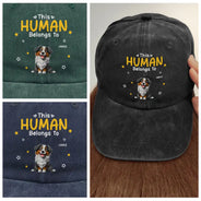 Pet Lovers, Pet Mom, Pet Dad, Happy - This Human Belongs To Pet Mom Pet Dad - Personalized Vintage Washed Denim Cap