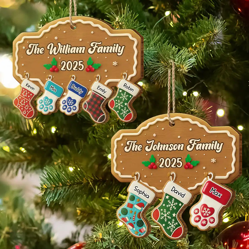 Family, Gift For Women, Gift For Men, Pet Lovers, Happy, Christmas, Top Market - Christmas Family Stockings Ceramic Effect - Personalized Custom Shaped Wooden Ornament