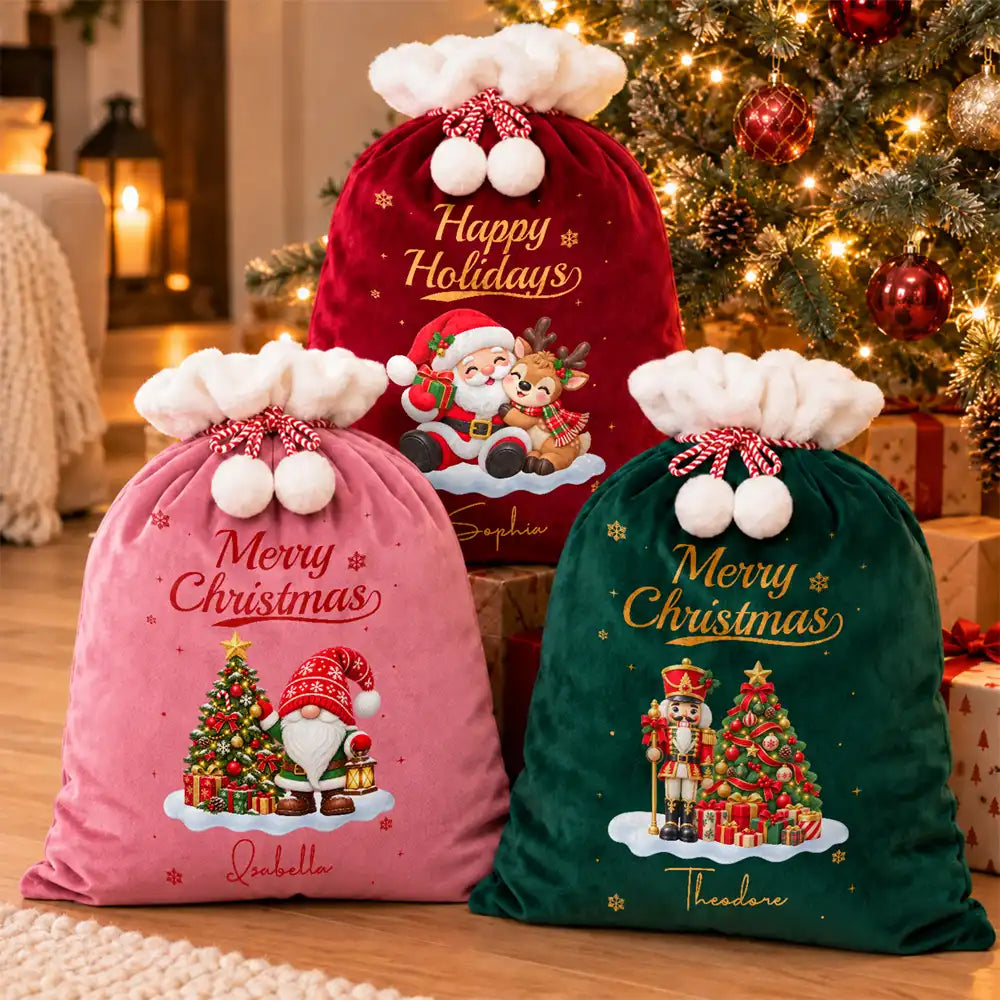 Family Christmas Gifts - Personalized Name & Character Santa Reindeer Penguin Gnome Velvet Favor Bag