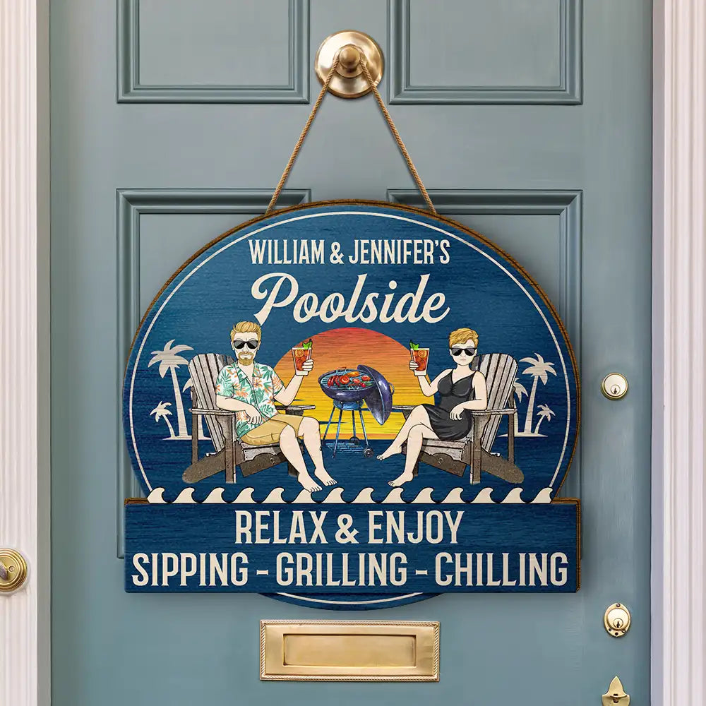 Couple Poolside Paradise - Personalized Custom Shaped Wood Sign