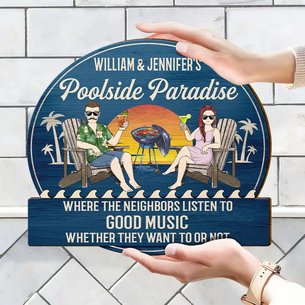 Couple Poolside Paradise - Personalized Custom Shaped Wood Sign