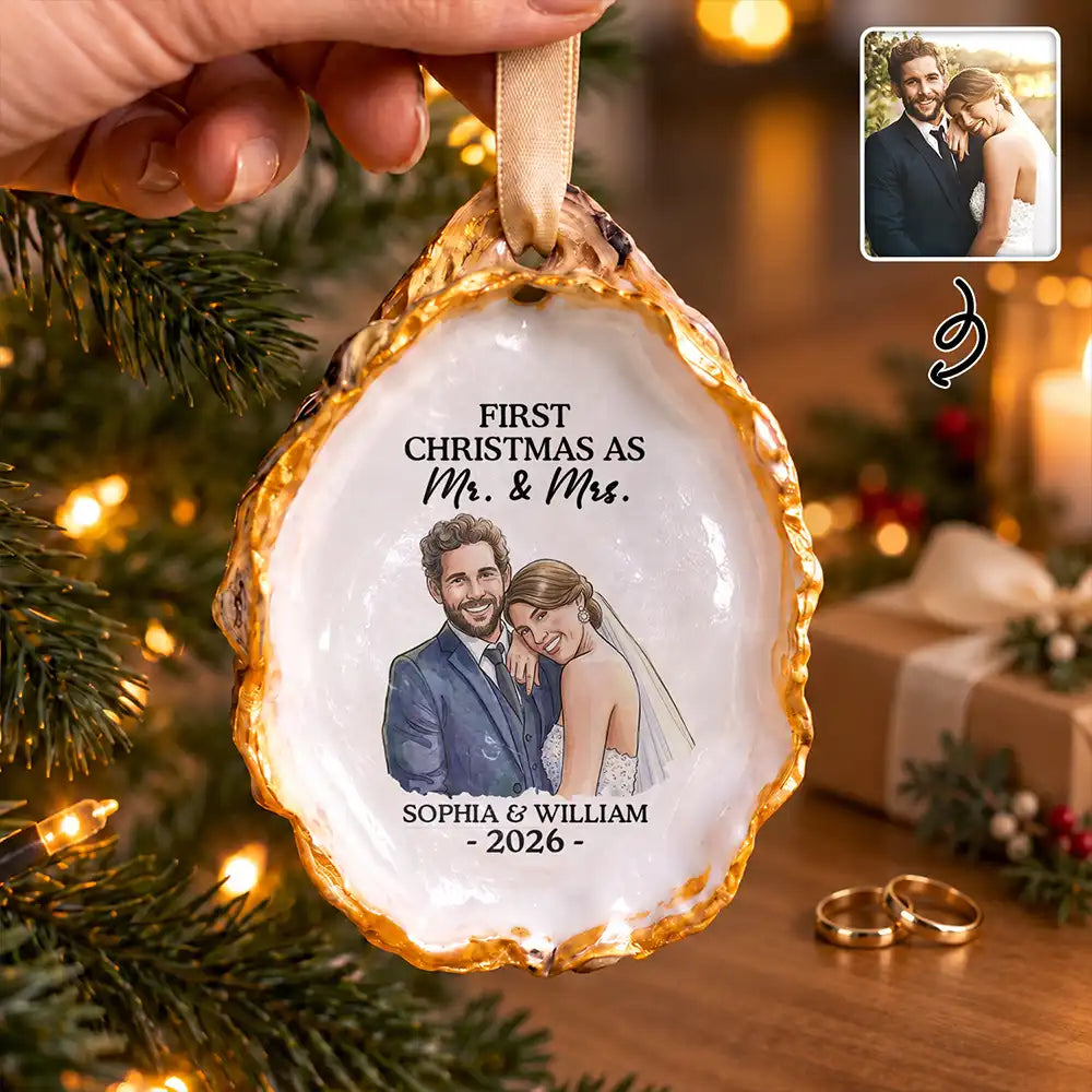 Art Design, Christmas, Custom Photo, First Christmas, Gift For Couples, Indoor Decor, Married Couple, Photo - Vivid Watercolor Art, Romantic - First Christmas Married Gift For Couples - Personalized Custom Photo Watercolor Mr & Mrs Wedding Portrait Oyster Ornament